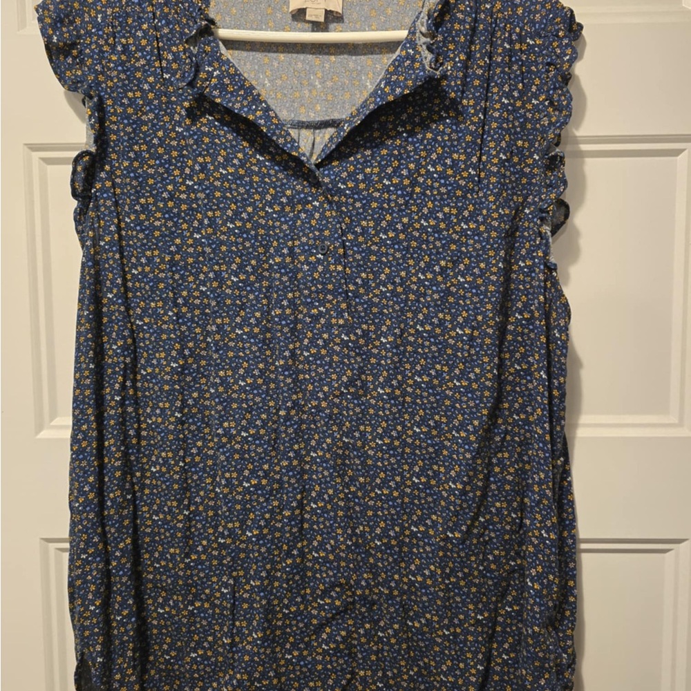 LOFT Blue and Yellow Floral Ruffle Blouse